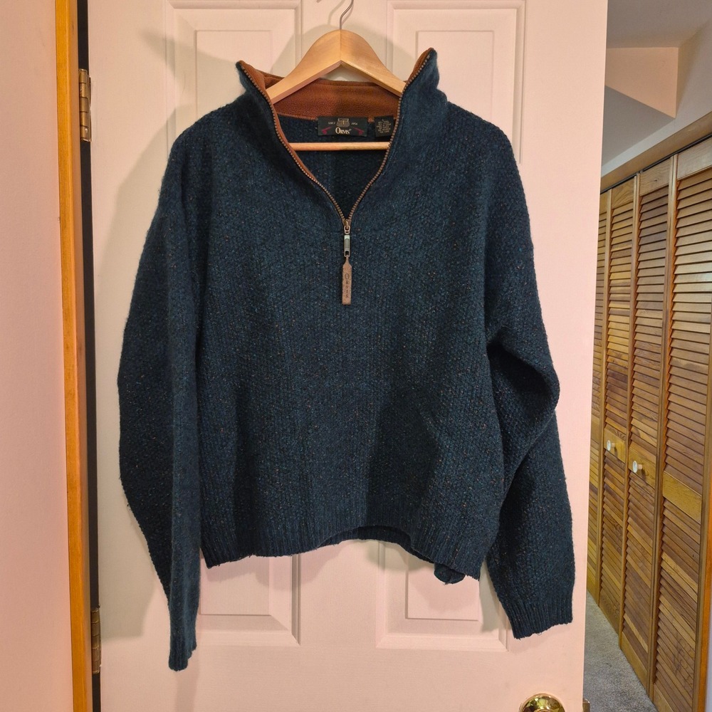 Orvis Womens Large Wool Blend Donegal Tweed Quarter Zip Sweater Teal Green Fleck